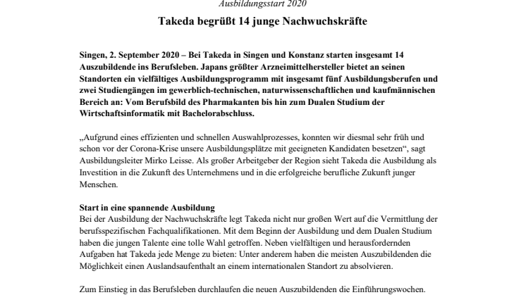 Ausbildungsstart 2020: Takeda begrüßt 14 junge Nachwuchskräfte
