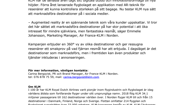 KLM första flygbolag att använda Facebooks augmented reality