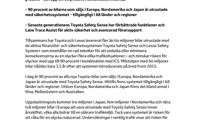 Tio miljoner bilar utrustade med säkerhetssystemet Toyota Safety Sense