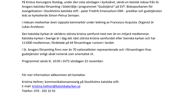 Katolsk mässa visas på SVT söndagen 22 november
