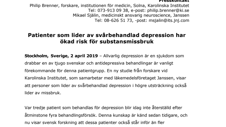 Patienter som lider av svårbehandlad depression har ökad risk för substansmissbruk