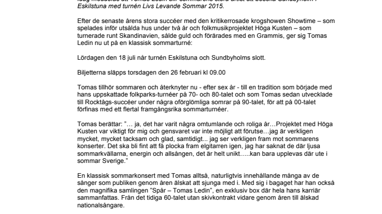 ​Tomas Ledin till Sundbyholms slott Eskilstuna
