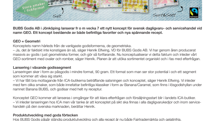 BUBS Godis fortsätter satsningen på gelatinfritt och Fairtrade med nya konceptet GEO!