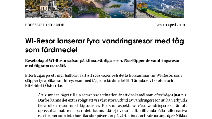 WI-Resor lanserar fyra vandringsresor med tåg som färdmedel