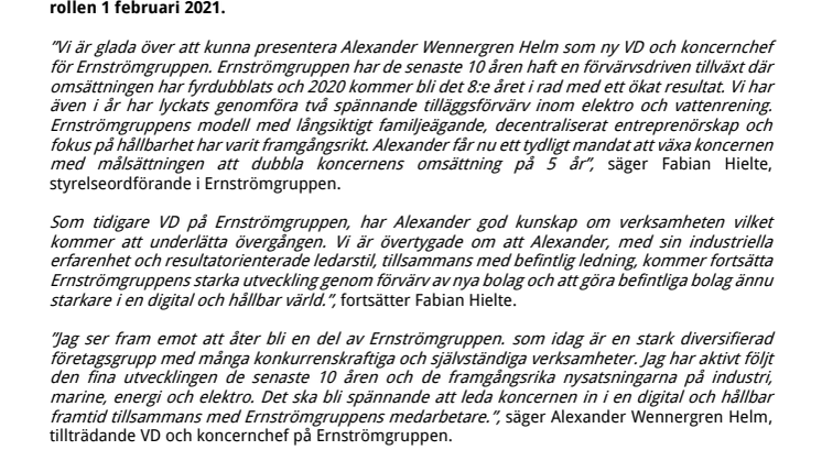Ernströmgruppen tillsätter ny VD/koncernchef och höjer ambitionsnivån