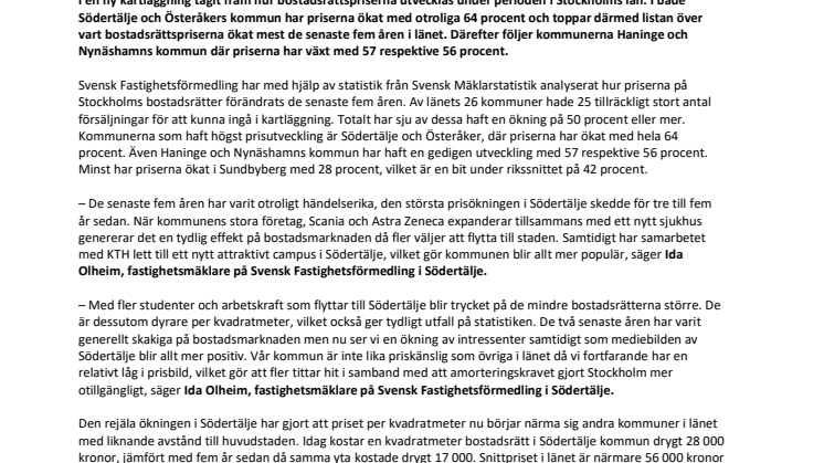Fem års tillbakablick: Här är stockholmskommunerna där  bostadsrättspriserna stigit mest 