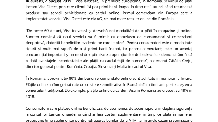 Consumatorii români sunt primii din Europa care beneficiază de plăți în timp real, prin serviciul Visa Direct
