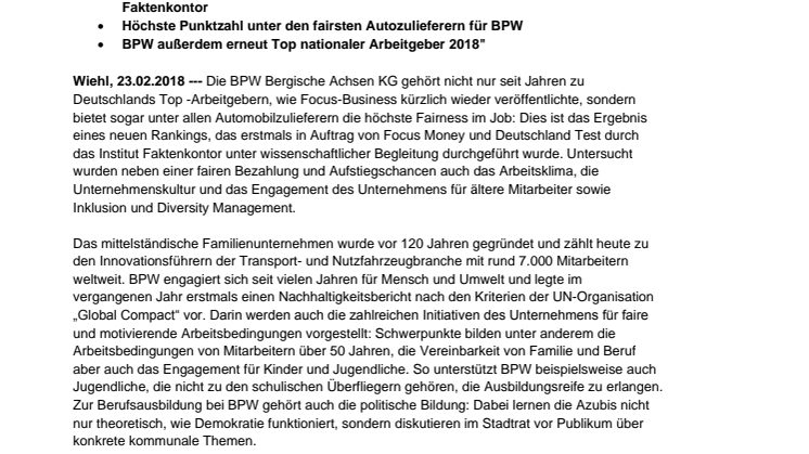 Neue Auszeichnung: BPW bietet „höchste Fairness im Job“ unter allen Autozulieferern
