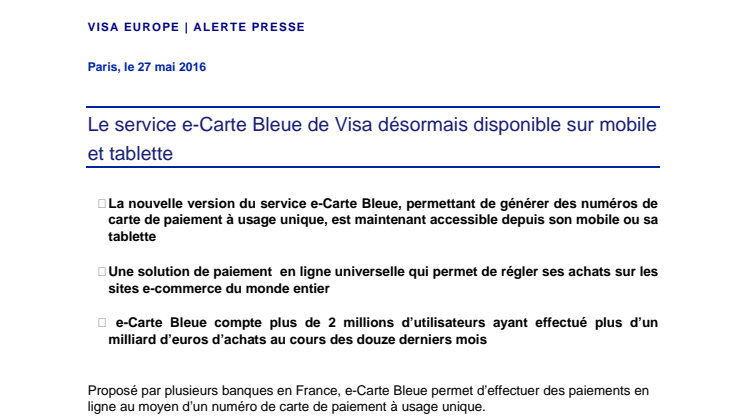 ﻿﻿Le service e-Carte Bleue de Visa désormais disponible sur mobile et tablette
