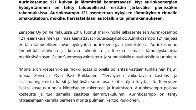 Aurinkosampo 121 on uusi tuottava ratkaisu kosteuspiinaan ja koleuteen