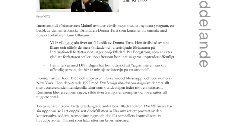 Stadsbiblioteket i Malmö: Donna Tartt till Internationell författarscen! 
