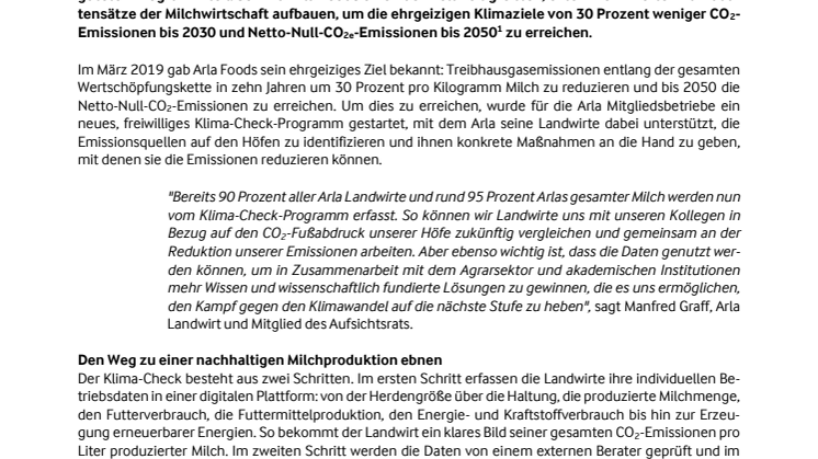 Nachhaltige Milchwirtschaft: Bereits 90 Prozent der Arla Genossenschaftsmitglieder nehmen am neuen Arla Klima-Check-Programm teil