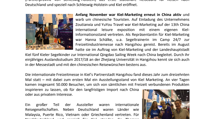 Kiel-Marketing präsentiert die Destination Kieler Förde auf  chinesischer Reisemesse in Hangzhou