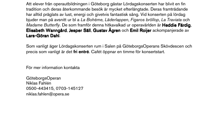 Operautbildningens avgångsklass på Lördagskonserten 24 mars på GöteborgsOperan Skövdescenen 