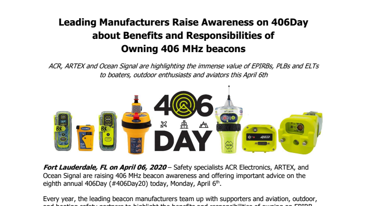 Leading Manufacturers Raise Awareness on 406Day about Benefits and Responsibilities of Owning 406 MHz beacons