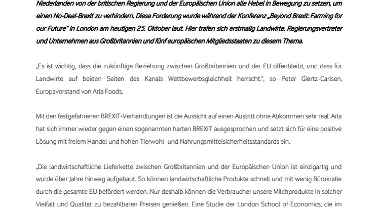 Arla Foods fordert gemeinsam mit britischen und europäischen Landwirten einen No-Deal-BREXIT zu vermeiden