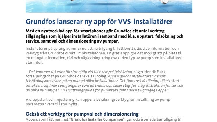Grundfos lanserar ny app för VVS-installatörer
