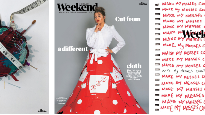 Left-right: Cover designs for The Guardian's Weekend supplement by students Holly Shepley, Fauve Wright and Chloe Fairweather.