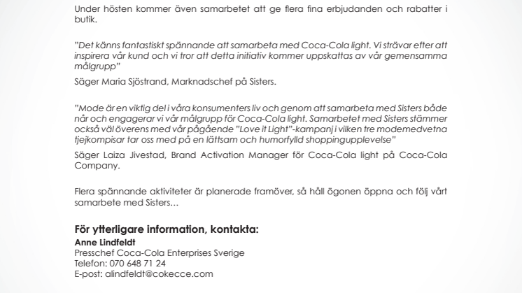 Coca-Cola light samarbetar med Sisters 