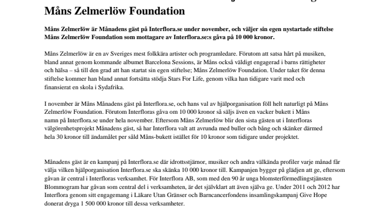 Interflora.se och Måns Zelmerlöw stödjer utsatta barn genom Måns Zelmerlöw Foundation