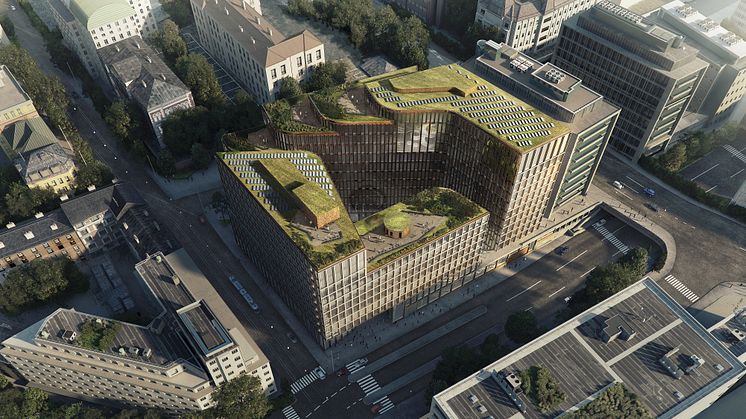 Nybygg i Vika: Slik ser det planlagte nybygget i Ruseløkkveien 26 ut, sett fra luften. I dag ligger House of Oslo her. Oppstart av rivingen blir i 1. kvartal 2018. Innflytting er estimert til 2021. Illustrasjon: Schmidt Hammer Lassen Architects.
