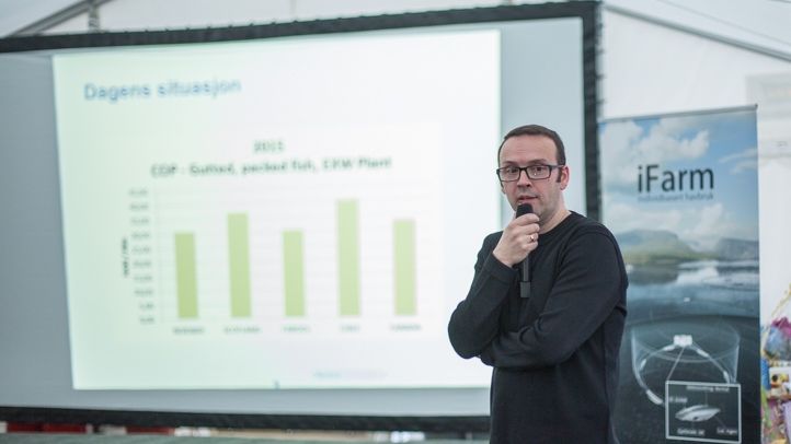 Audun Iversen fra Nofima på Cermaqs seminar om teknologisk innovasjon i lakseoppdrett. Foto: Karoline O. A. Pettersen 