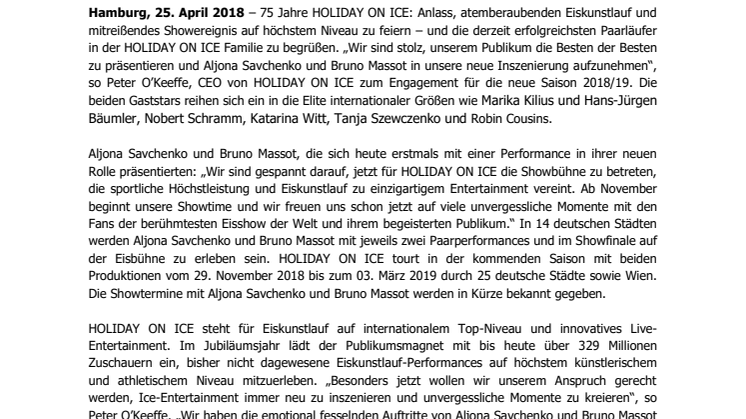 Paarlauf-Olympiasieger und Weltmeister Aljona Savchenko und Bruno Massot als Gaststars bei HOLIDAY ON ICE