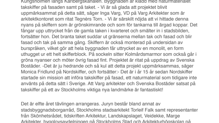 Skiffertorn finalist i Årets Stockholmsbyggnad 2020