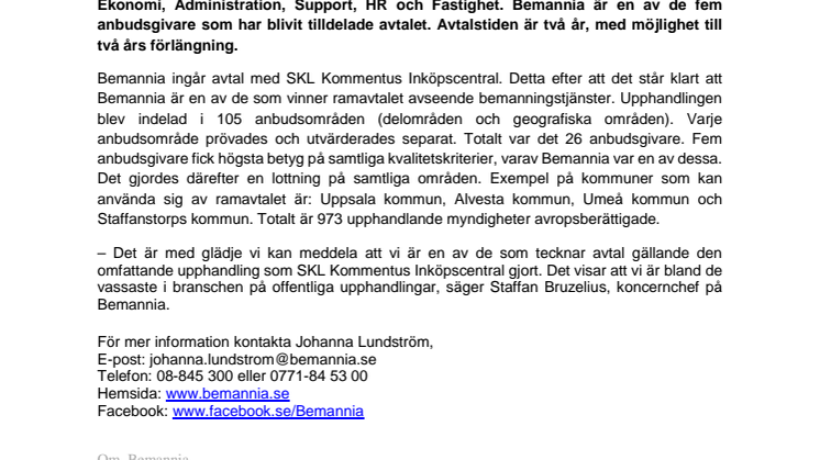 Bemannia tecknar ramavtal med SKL Kommentus Inköpscentral
