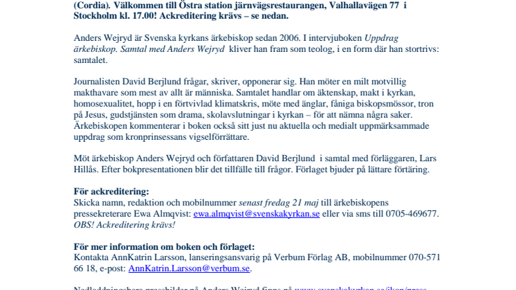 BOKLANSERING - UPPDRAG ÄRKEBISKOP. SAMTAL MED ANDERS WEJRYD.