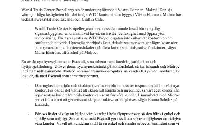 Midroc tecknar avtal med två nya hyresgäster till WTC Propellergatan i Västra Hamnen, Malmö