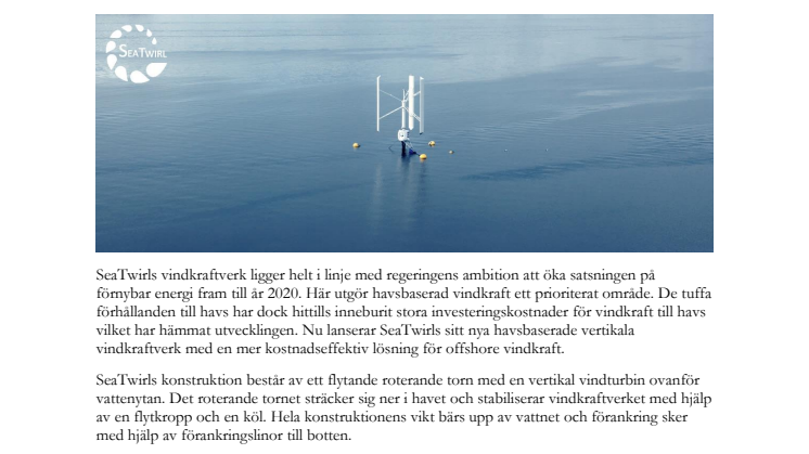 Pressinbjudan: Invigning av SeaTwirls unika havsbaserade vindkraftverk 