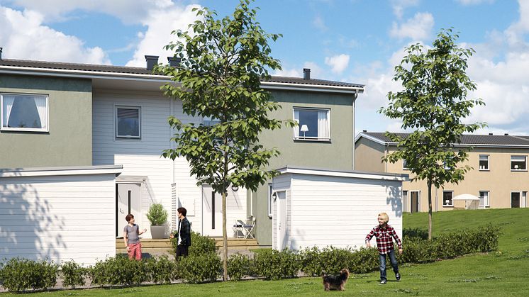 Illustration av entrésida med förstukvist och eget förråd, samt härliga grönytor, BoKlok Botildenborg i Malmö. 