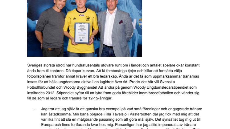 Andreas Appelgren, Mölnlycke IF,  tilldelas Woody Ungdomsledarstipendiet 2016