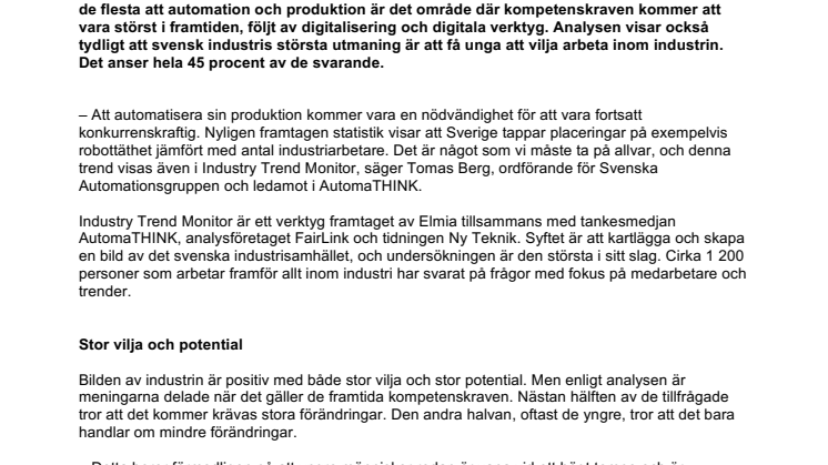 Automatiserad produktion viktigaste framtidsfaktorn för svensk industri