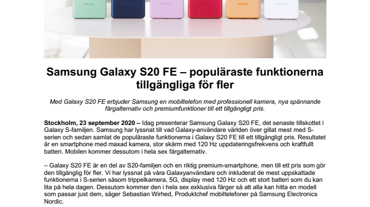 Samsung Galaxy S20 FE – populäraste funktionerna tillgängliga för fler