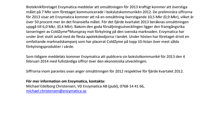 Enzymatica ökar omsättningen för 2013 långt över sitt finansiella mål