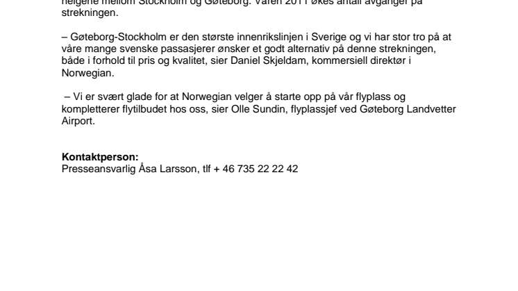 Norwegian åpner ny rute mellom Stockholm og Gøteborg