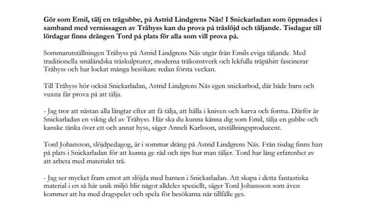 Prova på att tälja i Snickarladan på Astrid Lindgrens Näs 
