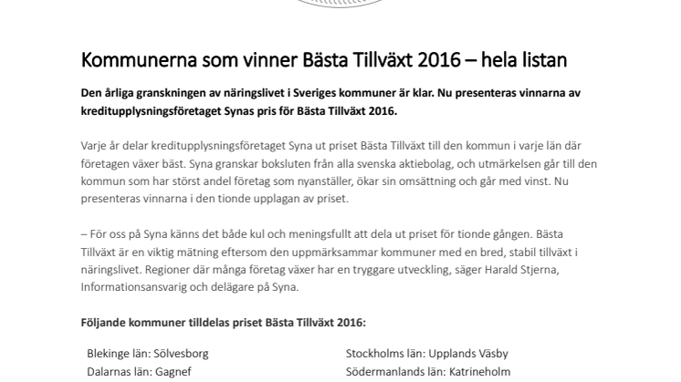 Kommunerna som vinner Bästa Tillväxt 2016 – hela listan