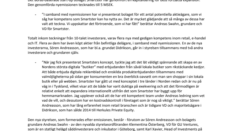 Smartster genomför nyemission och formar ny styrelse