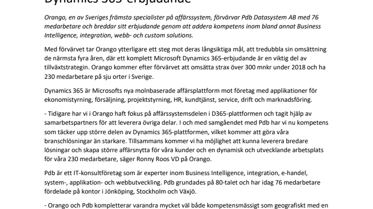 Orango förvärvar Pdb och breddar sitt Microsoft Dynamics 365-erbjudande 