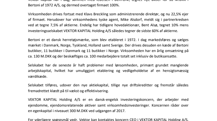 VEKTOR Kapital overtager modevirksomheden BERTONI