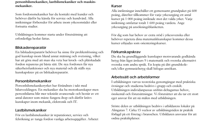 Informationsblad - Fordonsmekaniker