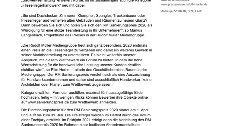 RM Sanierungspreis 2020 ausgelobt