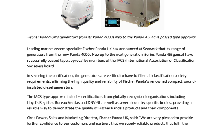 Fischer Panda UK Announces Type Approval for Generator Range