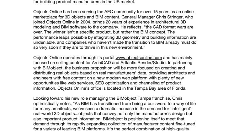 Florida-based Objects Online Inc. signs franchisee agreement with BIMobject in the United States.