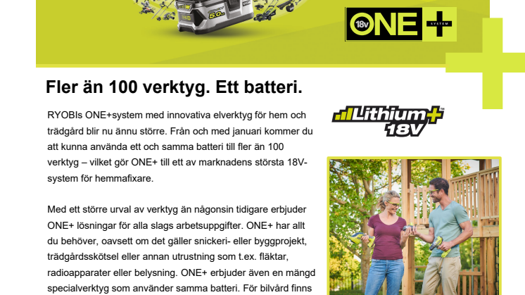 Ryobi ONE+ når över 100 verktyg 2019!