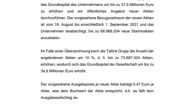 Tallink Grupp gibt an der Börse die Absicht bekannt, das Grundkapital zu erhöhen und ein öffentliches Angebot neuer Aktien durchzuführen 