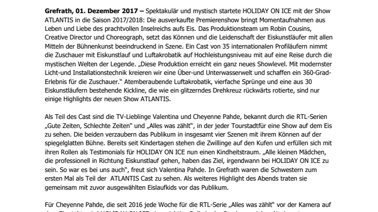 Deutschland-Premiere:  HOLIDAY ON ICE feiert den Mythos von ATLANTIS